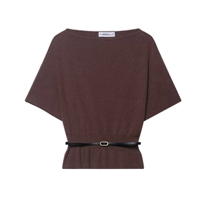 Women Boat Neck Knit Sweater With Belt Batwing Sleeve Solid Color Elegant Pullover Top Soft Dark Brown Knitwear For Daily