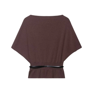 Detail shot of brown knit sweater with batwing sleeves and black leather waist belt