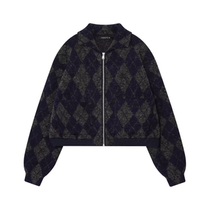 Women Retro Argyle Knit Bomber Jacket Lapel Full Zip Fuzzy Rhombus Pattern Contrast Color Long Sleeve Autumn Winter Outerwear