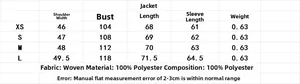 Detailed size chart for women casual parka jacket including XS to L measurements and 100% polyester
