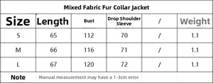 Size chart for faux fur collar jacket including length and chest measurements