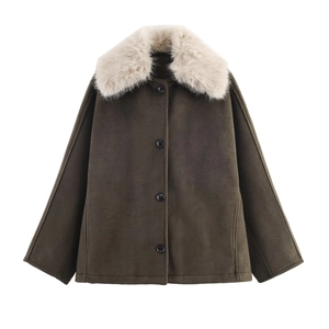 Women's Faux Fur Collar Faux Suede Jacket Autumn Winter Warm Single Breasted Outerwear Long Sleeve Button Up Casual Coat