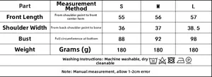 Detailed size chart for women's vest showing length, shoulder, and bust in S/M/L sizes