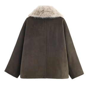 Back view of a deep brown faux suede jacket with a plush off-white faux fur collar