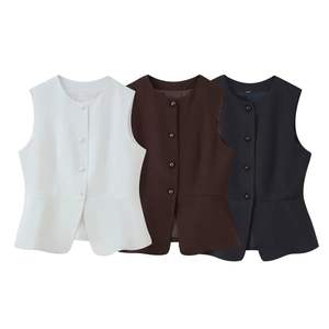 Women Round Neck Sleeveless Peplum Vest Solid Color Button Up Waistcoat Fashion Streetwear Casual Office Top