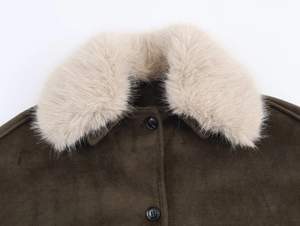 Detail of dark olive jacket featuring fluffy faux fur collar and black resin buttons