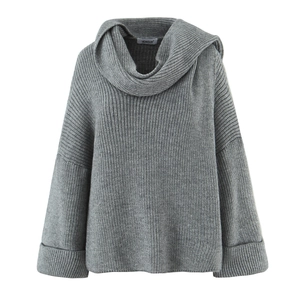 Detail of grey chunky knit sweater featuring high cowl neck and ribbed cuffs
