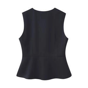 Detail showing back view of black peplum vest top with elegant ruffled hemline