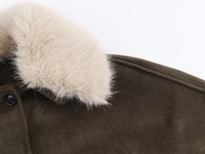 Close-up of olive green jacket with soft beige faux fur collar and black button detail