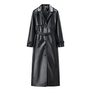 Women Fashion Faux Leather Long Trench Coat Lapel Single Breasted Black PU Leather Jacket With Belt Autumn Winter Outerwear
