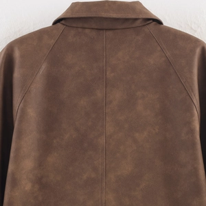 Women's two-tone PU leather jacket featuring a stylish lapel collar and raglan sleeve design