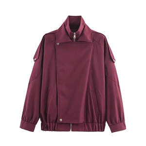 Veste Femme Décontractée Bordeaux Fermeture Éclair Asymétrique Double Col Coupe-vent Manches Longues Streetwear Avec Épaulettes