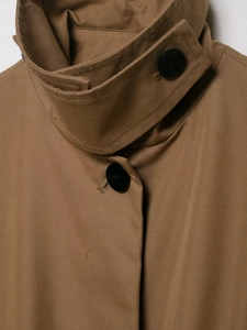 Detail of khaki twill jacket collar with premium black resin buttons and sturdy stitching