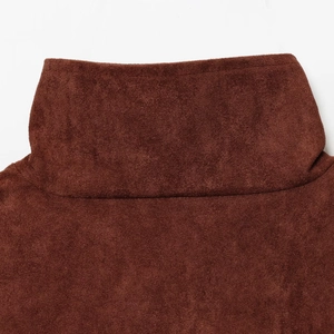 Deep brown faux suede high neck jacket featuring a smooth velvet texture and clean stitching