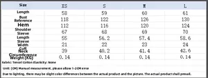 Detailed size chart for women casual draped shirt in XS to L with measurements in centimeters