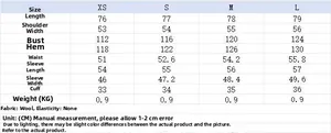 Detailed size chart for single-breasted wool coat with measurements from XS to L