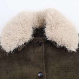 Dark brown faux suede jacket featuring a fluffy cream faux fur collar and black buttons