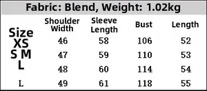 Size chart for women's faux fur jacket showing XS to L dimensions in cm and weight details