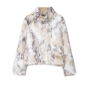 Giacca in Pelliccia Sintetica da Donna Elegante Collo Alto Manica Lunga Stampa Animalier Motivo Lince Cappotto Corto Autunno Inverno