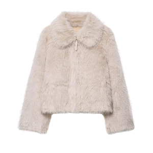 Women Faux Fur Jacket Winter Warm Solid Color Zip Up Lapel Long Sleeve Casual Chic Streetwear Faux Rabbit Fur Coat Outerwear
