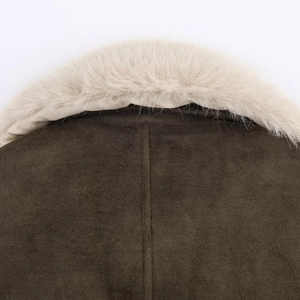 Women's faux fur collar jacket in dark brown suede, elegant winter coat for 2025 fashion