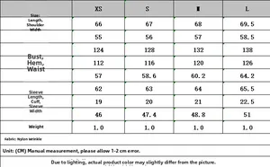 Size chart for loose ribbed long sleeve jacket with detailed nylon fabric measurements