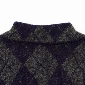 Women's argyle knit bomber jacket with a fuzzy mohair texture and high neck design