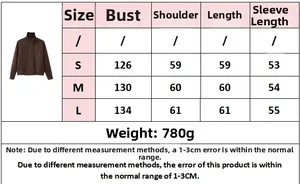 Detailed size chart for women's winter velvet zipper jacket with measurements in cm