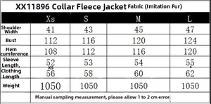 Detailed size chart for the lapel faux fur coat with XS to L measurements and weight specs