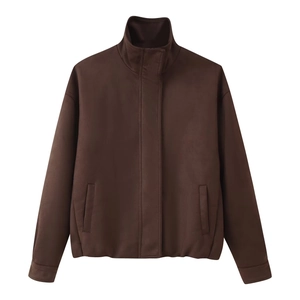 Close-up of deep brown suede jacket featuring a stand collar and zip-up texture detail