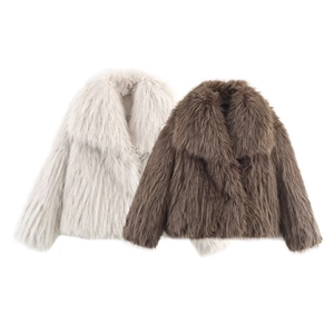 Women Casual Faux Fur Jacket Lapel Collar Long Sleeve Short Coat Shaggy Warm Winter Streetwear Outerwear Beige Brown