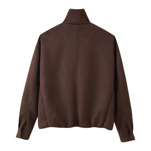 Back view of a deep brown faux suede jacket with a vertical seam and stand-up collar