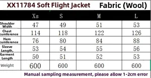 Detailed size chart for women's soft wool bomber jacket with specific measurements