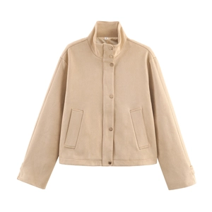Veste streetwear en similicuir suédé beige pour femme avec col montant et poches