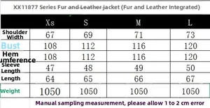 Detailed size chart for faux shearling coat including sleeve length and bust measurements