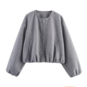 Women's dark grey soft wool-style bomber jacket with round neck and metal zipper