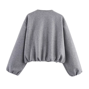 Back view of a grey crewneck bomber jacket with ribbed cuffs and hem for women