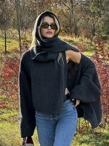 Women Oversized Ribbed Knit Sweater Matching Scarf Cowl Neck Drop Shoulder Loose Pullover Ribbed Knit Top Long Sleeve Jumper