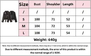 Tableau des tailles détaillé pour veste en cuir PU femme avec mesures de buste et longueur