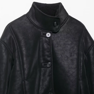 Veste en similicuir noir pour femme avec col montant et doublure en polaire douce