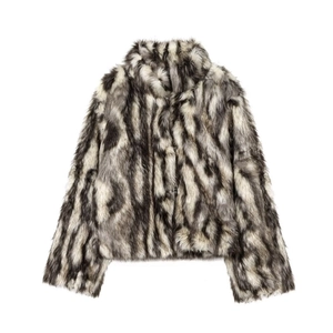 Damen Casual Webpelzjacke Mischfarbe Stehkragen Langarm Reißverschluss Locker Herbst Winter Warm Oberbekleidung Mantel