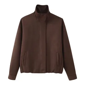 Women Casual Faux Suede Stand Collar Jacket Long Sleeve Zipper Loose Fit Brown Autumn Winter Warm Outerwear Coat