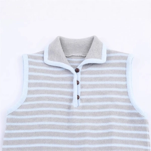 Striped knit polo vest for children with three-button collar and contrast piping