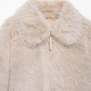 Faux fur jacket in champagne pink with plush texture and stylish zipper collar