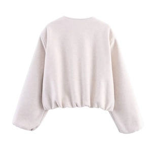 Back view of a beige drop-shoulder bomber jacket with an elastic hem and round collar