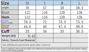 Detailed size chart for the double-breasted trench coat including length and bust measurements