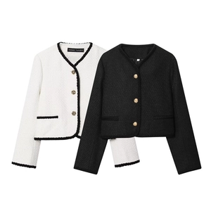 Women Elegant Tweed Jacket Vintage Contrast Trim Long Sleeve Round Neck Single Breasted Casual Outerwear Coat Fashion