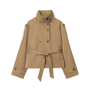 Women's Khaki Short Trench Coat Double Breasted Stand Collar With Waist Belt And Epaulettes Elegant Casual Windbreaker Jacket
