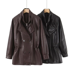 Detail of double-breasted PU leather jackets with adjustable drawstring waist and dual collar
