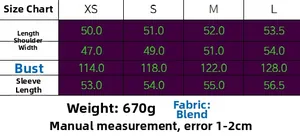 Detailed size chart for minimalist long sleeve bomber jacket showing XS to L measurements